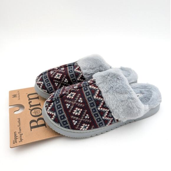Born Fair Isle Faux Fur Scuff Slippers Slip On Women's Blue Size US7-8 EU39 - Picture 1 of 10